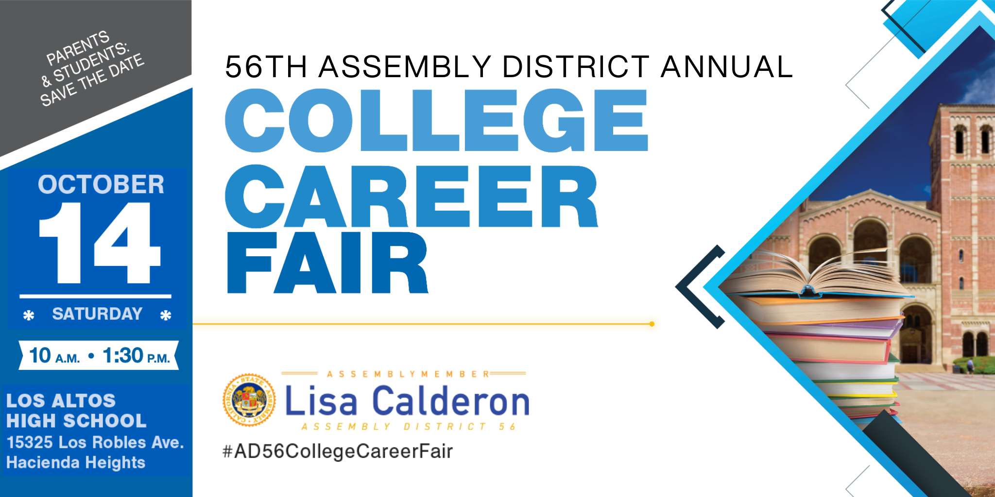Save the date graphic with a banner on the right asking parents and students to save the date for the 2023 College & Career Fair, set to take place October 14 at Los Altos High School in Hacienda Heights.